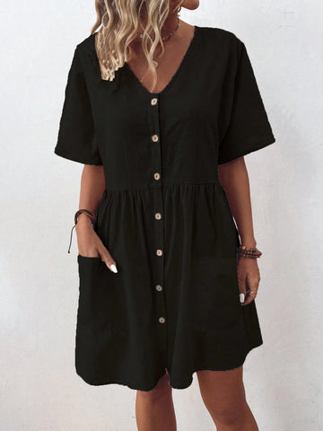 Women's Single Breasted Round Neck Solid Color Summer Dress
