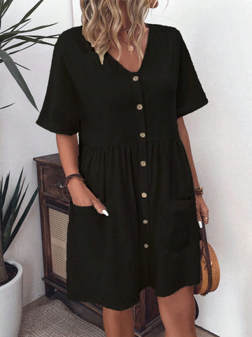 Women's Single Breasted Round Neck Solid Color Summer Dress