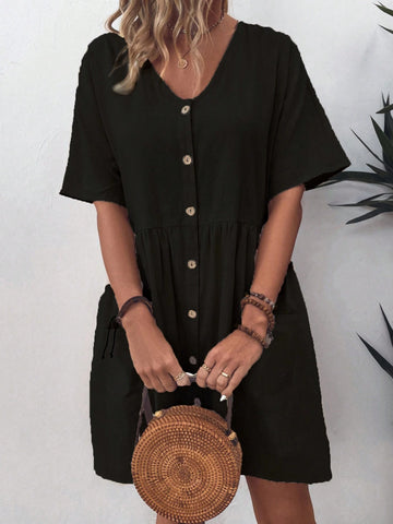 Women's Single Breasted Round Neck Solid Color Summer Dress
