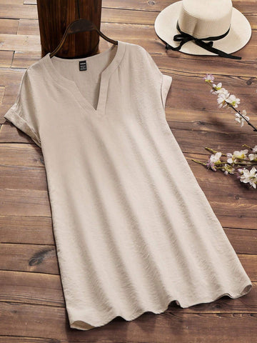 Women's Solid Color Notch V-Neck Batwing Sleeve Summer Dress