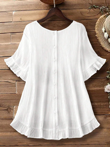 JORESS Women's Solid Color Round Neck Casual Summer Shirt With Ruffle Hem