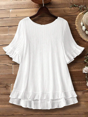 JORESS Women's Solid Color Round Neck Casual Summer Shirt With Ruffle Hem