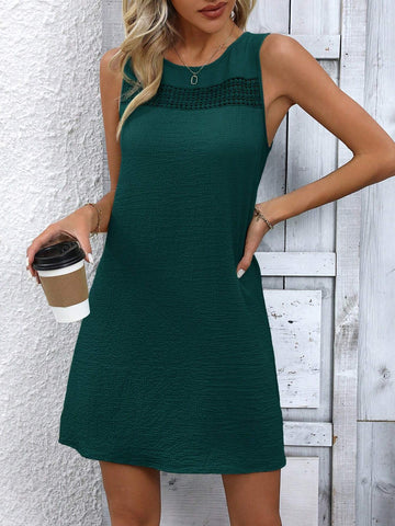Women's Solid Color Round Neck Lace Splice Sleeveless Casual Dress, Summer