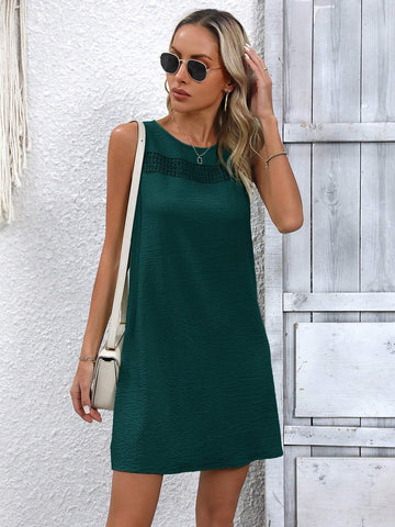 Women's Solid Color Round Neck Lace Splice Sleeveless Casual Dress, Summer