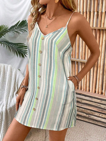 Women's Spaghetti Strap Front Button Pocket Striped Short Dress (Random Floral Pattern)