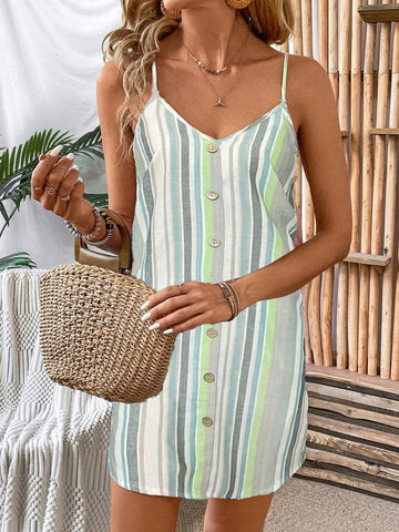 Women's Spaghetti Strap Front Button Pocket Striped Short Dress (Random Floral Pattern)