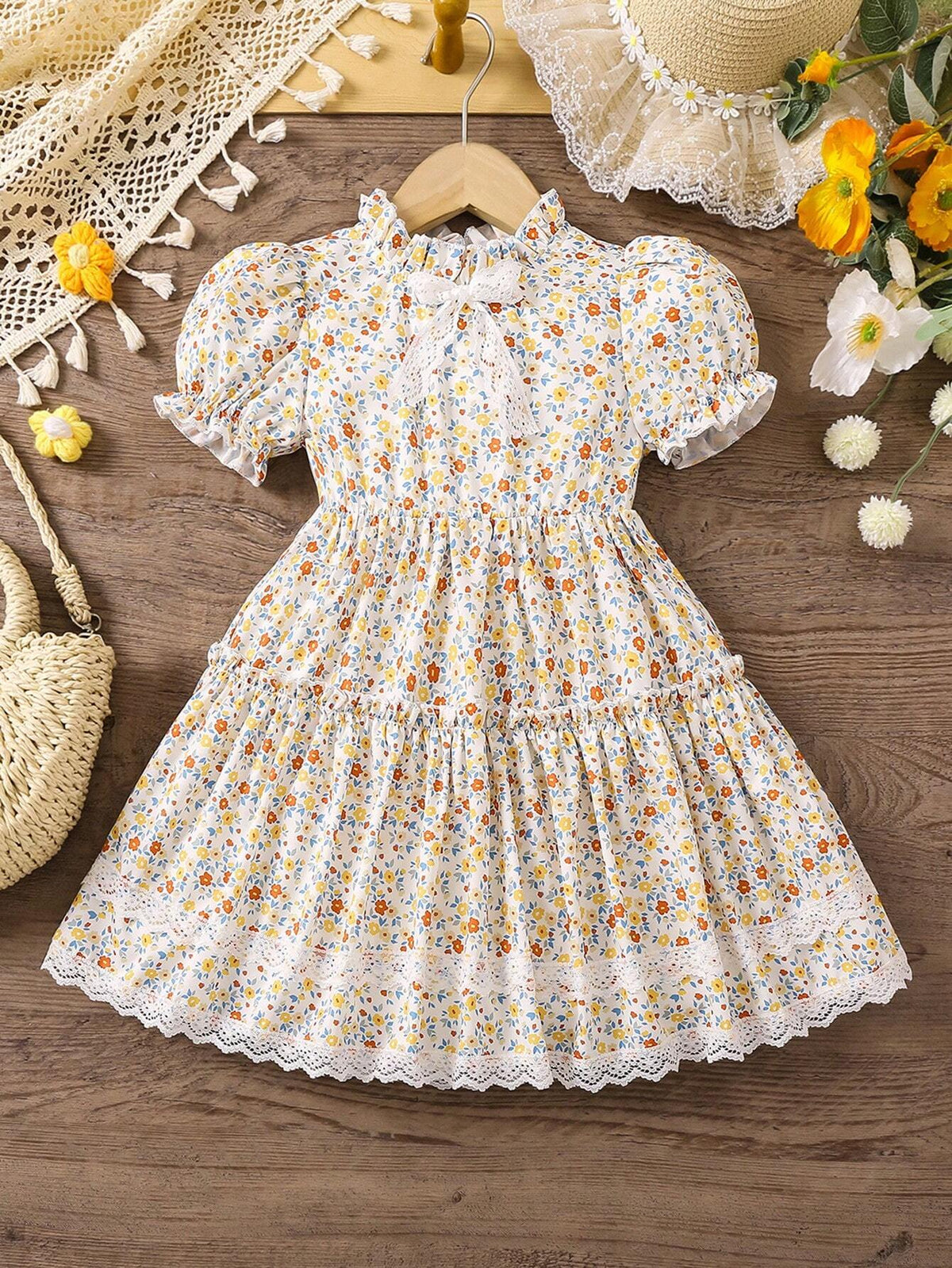 Kids CHARMNG Little Girls' Puff Sleeve Dress With Floral Print And Bow Decoration For Romantic Vacation