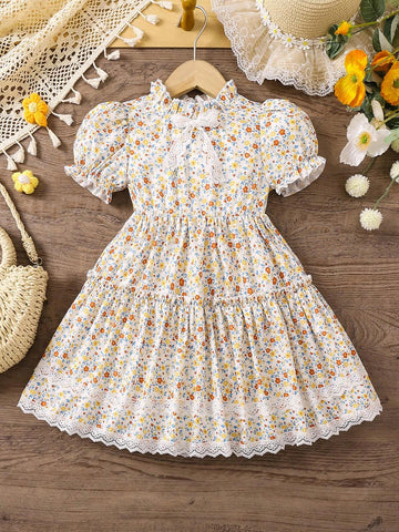 Kids CHARMNG Little Girls' Puff Sleeve Dress With Floral Print And Bow Decoration For Romantic Vacation