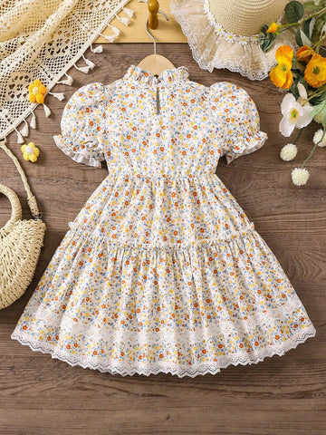 Kids CHARMNG Little Girls' Puff Sleeve Dress With Floral Print And Bow Decoration For Romantic Vacation