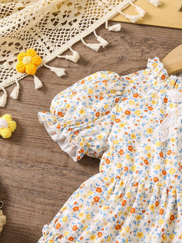 Kids CHARMNG Little Girls' Puff Sleeve Dress With Floral Print And Bow Decoration For Romantic Vacation