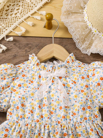 Kids CHARMNG Little Girls' Puff Sleeve Dress With Floral Print And Bow Decoration For Romantic Vacation