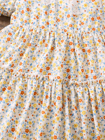 Kids CHARMNG Little Girls' Puff Sleeve Dress With Floral Print And Bow Decoration For Romantic Vacation