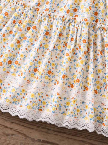 Kids CHARMNG Little Girls' Puff Sleeve Dress With Floral Print And Bow Decoration For Romantic Vacation