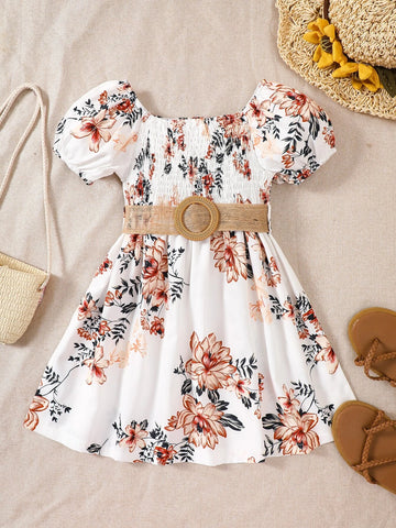 Kids CHARMNG Toddler Girls Floral Print Puff Sleeve Shirred Dress Without Belt