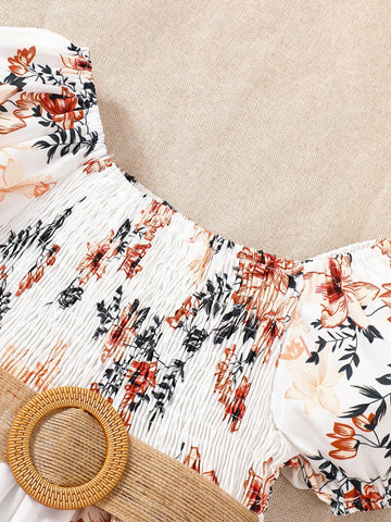 Kids CHARMNG Toddler Girls Floral Print Puff Sleeve Shirred Dress Without Belt