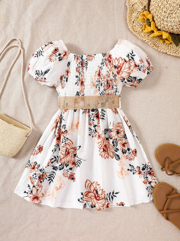 Kids CHARMNG Toddler Girls Floral Print Puff Sleeve Shirred Dress Without Belt