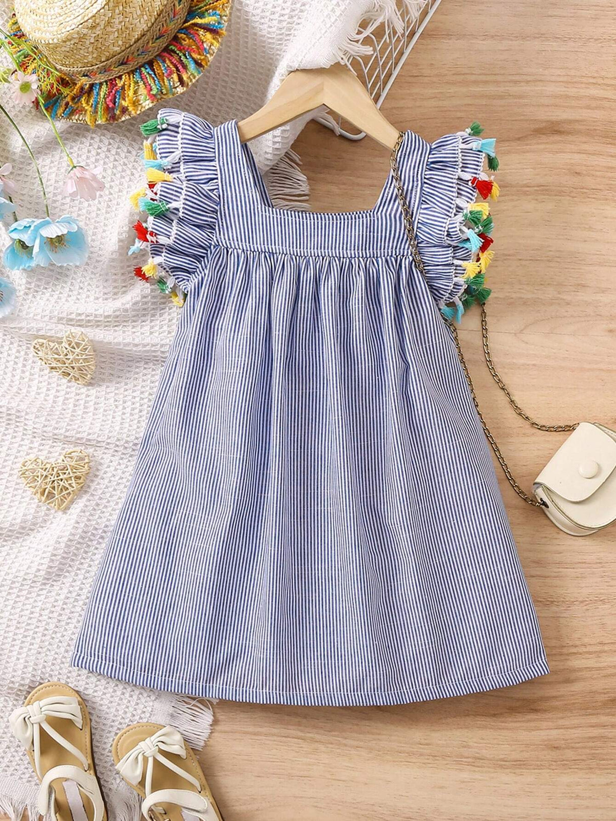 Kids CHARMNG Young Girl Blue & White Striped Patchwork Fringed Flying Sleeve Dress