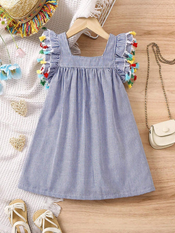Kids CHARMNG Young Girl Blue & White Striped Patchwork Fringed Flying Sleeve Dress