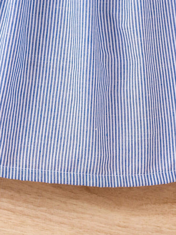 Kids CHARMNG Young Girl Blue & White Striped Patchwork Fringed Flying Sleeve Dress