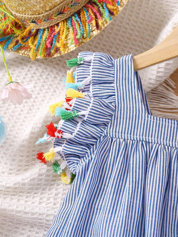 Kids CHARMNG Young Girl Blue & White Striped Patchwork Fringed Flying Sleeve Dress
