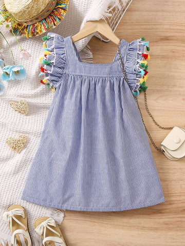 Kids CHARMNG Young Girl Blue & White Striped Patchwork Fringed Flying Sleeve Dress