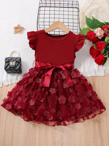 Kids CHARMNG Young Girl Burgundy Solid Color 3d Flower Romantic Holiday Round Neck Dress With Ruffled Sleeves For Summer