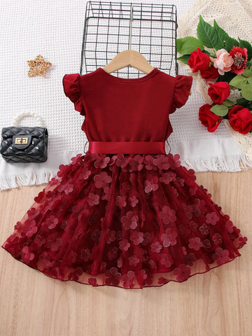 Kids CHARMNG Young Girl Burgundy Solid Color 3d Flower Romantic Holiday Round Neck Dress With Ruffled Sleeves For Summer