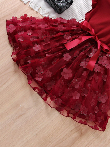 Kids CHARMNG Young Girl Burgundy Solid Color 3d Flower Romantic Holiday Round Neck Dress With Ruffled Sleeves For Summer