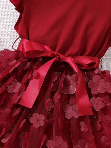 Kids CHARMNG Young Girl Burgundy Solid Color 3d Flower Romantic Holiday Round Neck Dress With Ruffled Sleeves For Summer