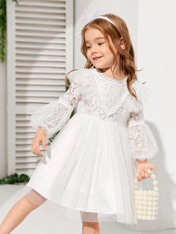 Kids CHARMNG Young Girl Contrast Lace Lantern Sleeve Mesh Dress