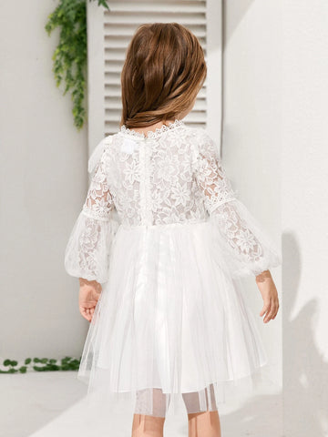 Kids CHARMNG Young Girl Contrast Lace Lantern Sleeve Mesh Dress