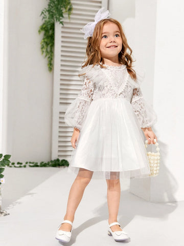 Kids CHARMNG Young Girl Contrast Lace Lantern Sleeve Mesh Dress