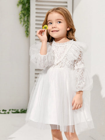 Kids CHARMNG Young Girl Contrast Lace Lantern Sleeve Mesh Dress