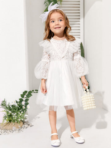 Kids CHARMNG Young Girl Contrast Lace Lantern Sleeve Mesh Dress