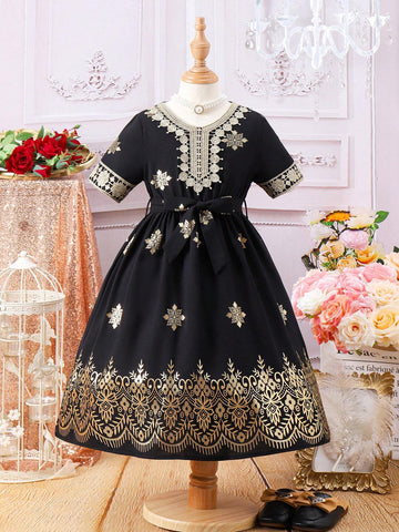 Kids CHARMNG Young Girl Embroidered Applique Short Sleeve Dress