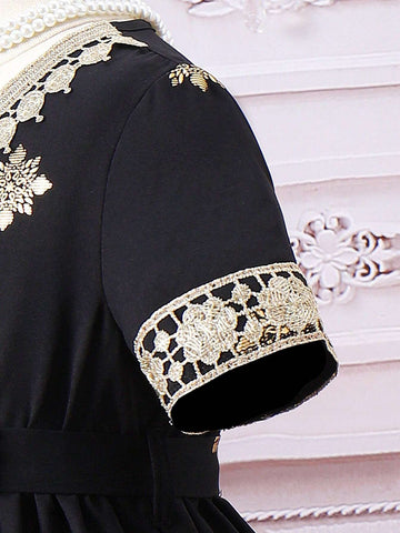 Kids CHARMNG Young Girl Embroidered Applique Short Sleeve Dress