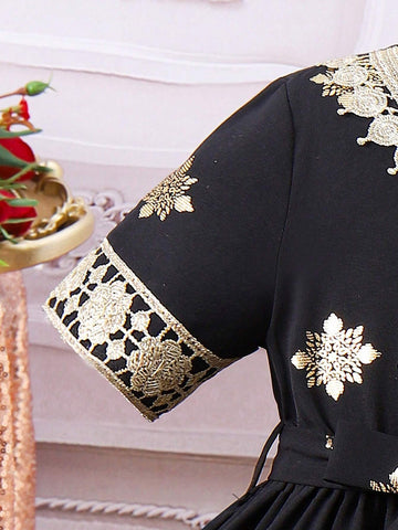 Kids CHARMNG Young Girl Embroidered Applique Short Sleeve Dress