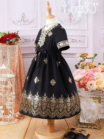 Kids CHARMNG Young Girl Embroidered Applique Short Sleeve Dress