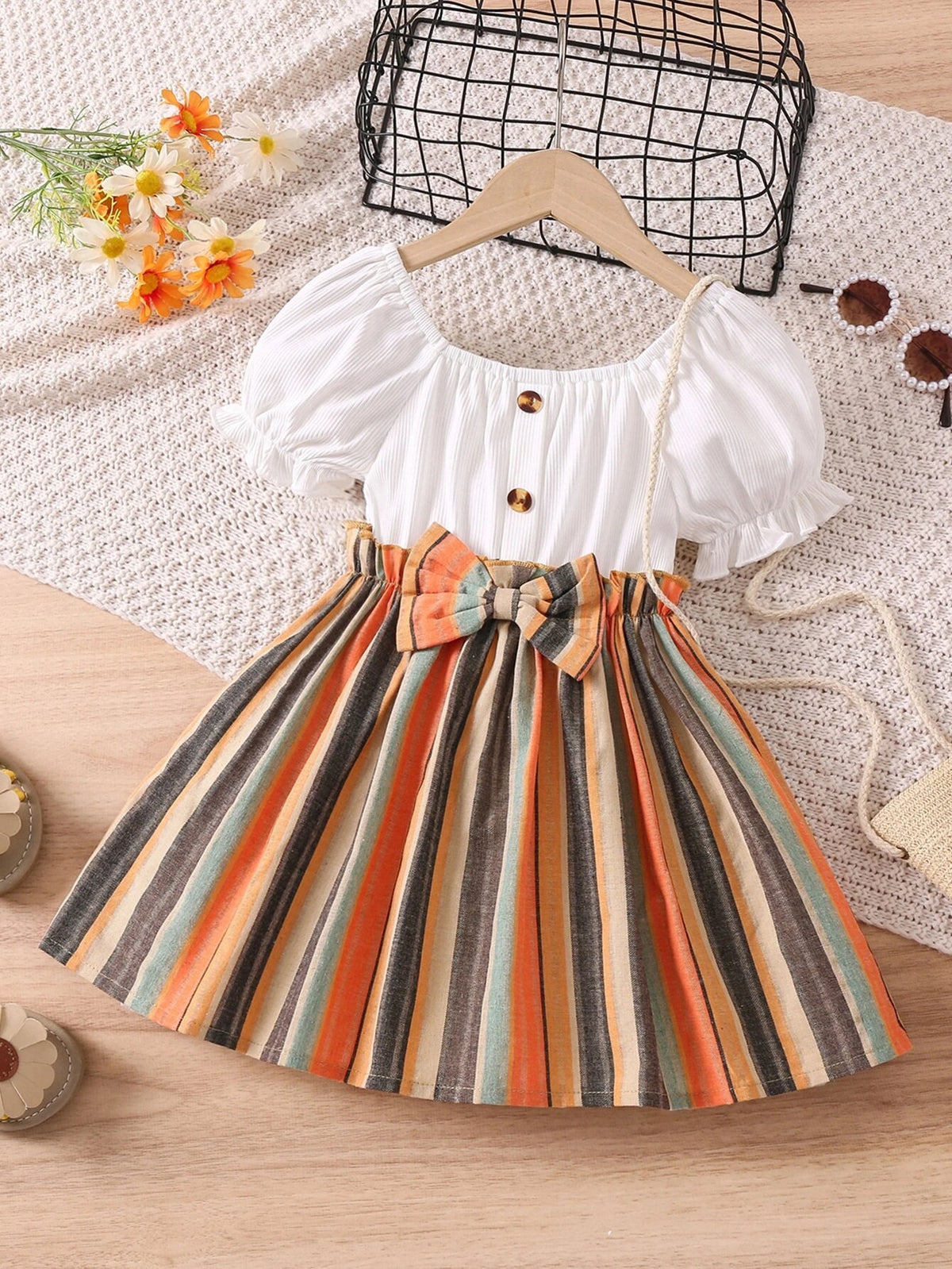 Kids CHARMNG Young Girl Multicolor Striped Vacation Mashup Style Mini Dress With Square Neckline & Puff Sleeves, Summer