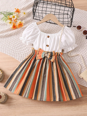 Kids CHARMNG Young Girl Multicolor Striped Vacation Mashup Style Mini Dress With Square Neckline & Puff Sleeves, Summer