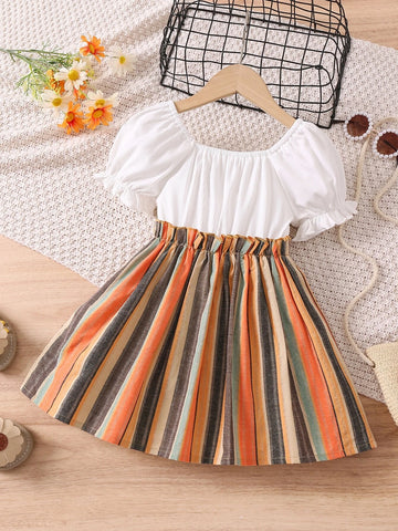 Kids CHARMNG Young Girl Multicolor Striped Vacation Mashup Style Mini Dress With Square Neckline & Puff Sleeves, Summer