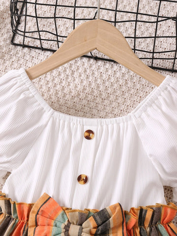 Kids CHARMNG Young Girl Multicolor Striped Vacation Mashup Style Mini Dress With Square Neckline & Puff Sleeves, Summer