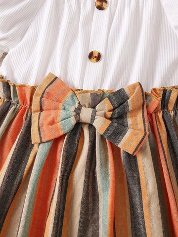 Kids CHARMNG Young Girl Multicolor Striped Vacation Mashup Style Mini Dress With Square Neckline & Puff Sleeves, Summer