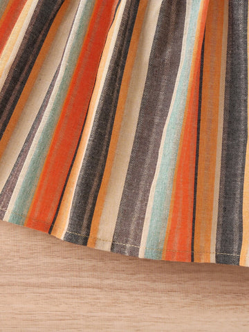 Kids CHARMNG Young Girl Multicolor Striped Vacation Mashup Style Mini Dress With Square Neckline & Puff Sleeves, Summer