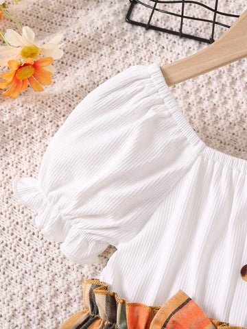 Kids CHARMNG Young Girl Multicolor Striped Vacation Mashup Style Mini Dress With Square Neckline & Puff Sleeves, Summer