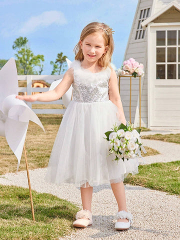 Kids CHARMNG Young Girl White Feather & Sparkles Panel Sleeveless Mesh Romantic Dress