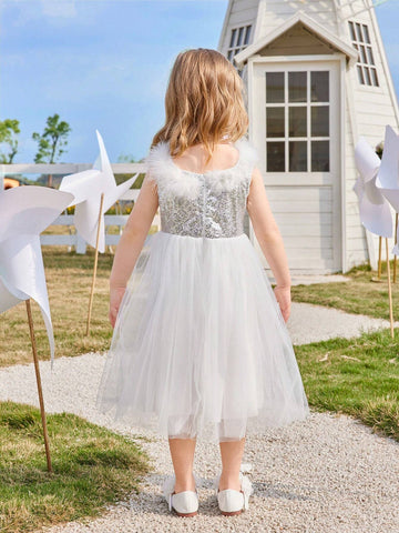Kids CHARMNG Young Girl White Feather & Sparkles Panel Sleeveless Mesh Romantic Dress