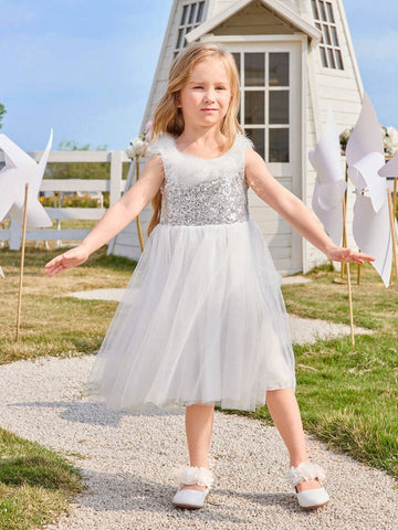 Kids CHARMNG Young Girl White Feather & Sparkles Panel Sleeveless Mesh Romantic Dress