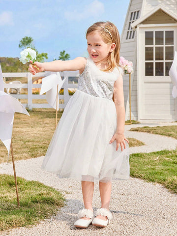 Kids CHARMNG Young Girl White Feather & Sparkles Panel Sleeveless Mesh Romantic Dress