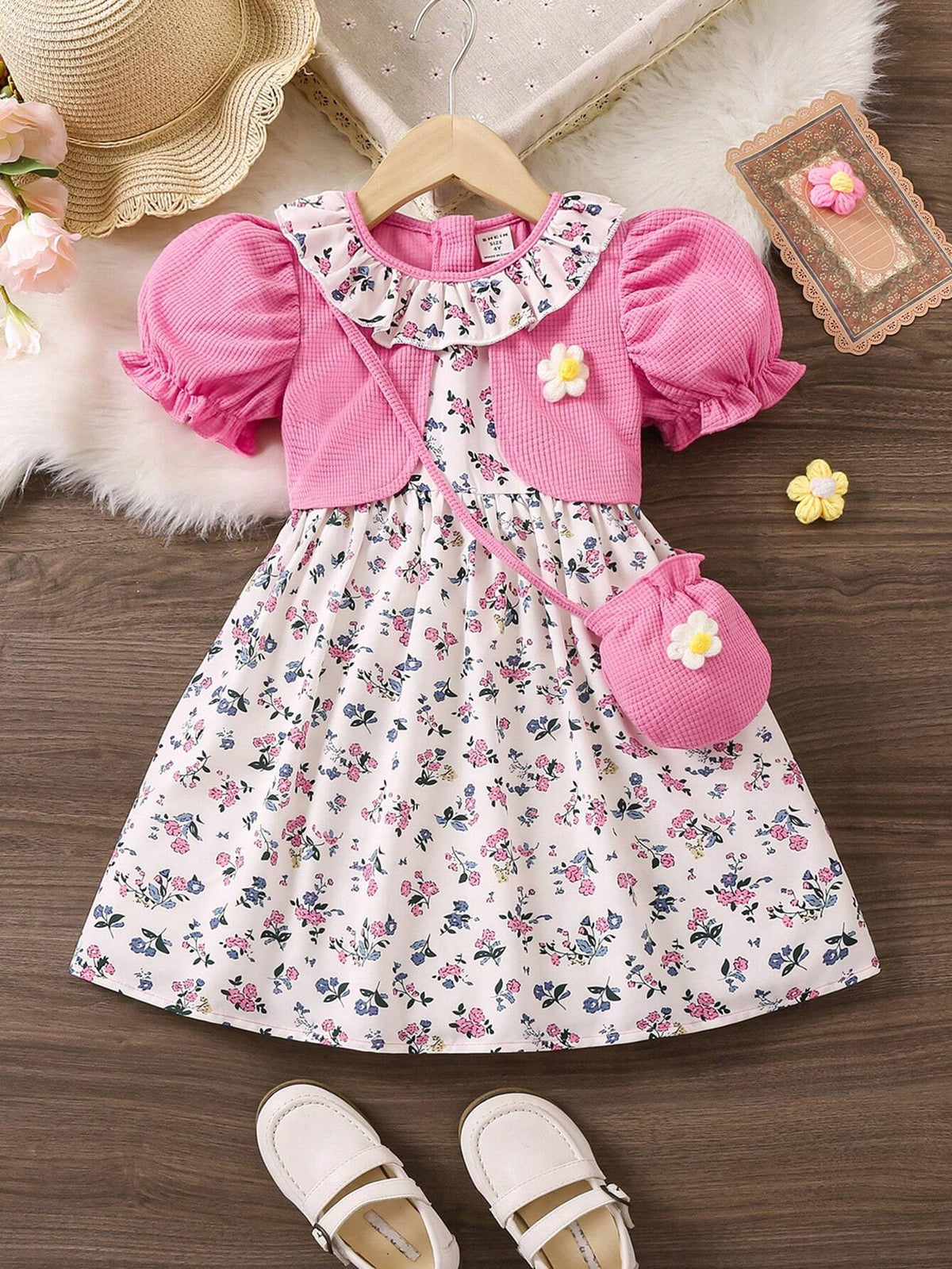 Kids CHARMNG Young Girl's 3d Flower Decoration Puff Short Sleeve 2-In-1 Dress
